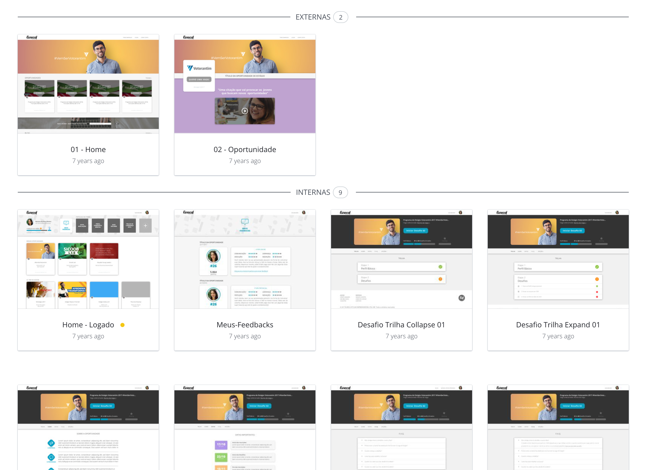 Eureca platform screens — overview of redesigned pages including Home, Opportunity view, logged-in dashboard, feedback panel, and challenge stages showing collapsed and expanded states