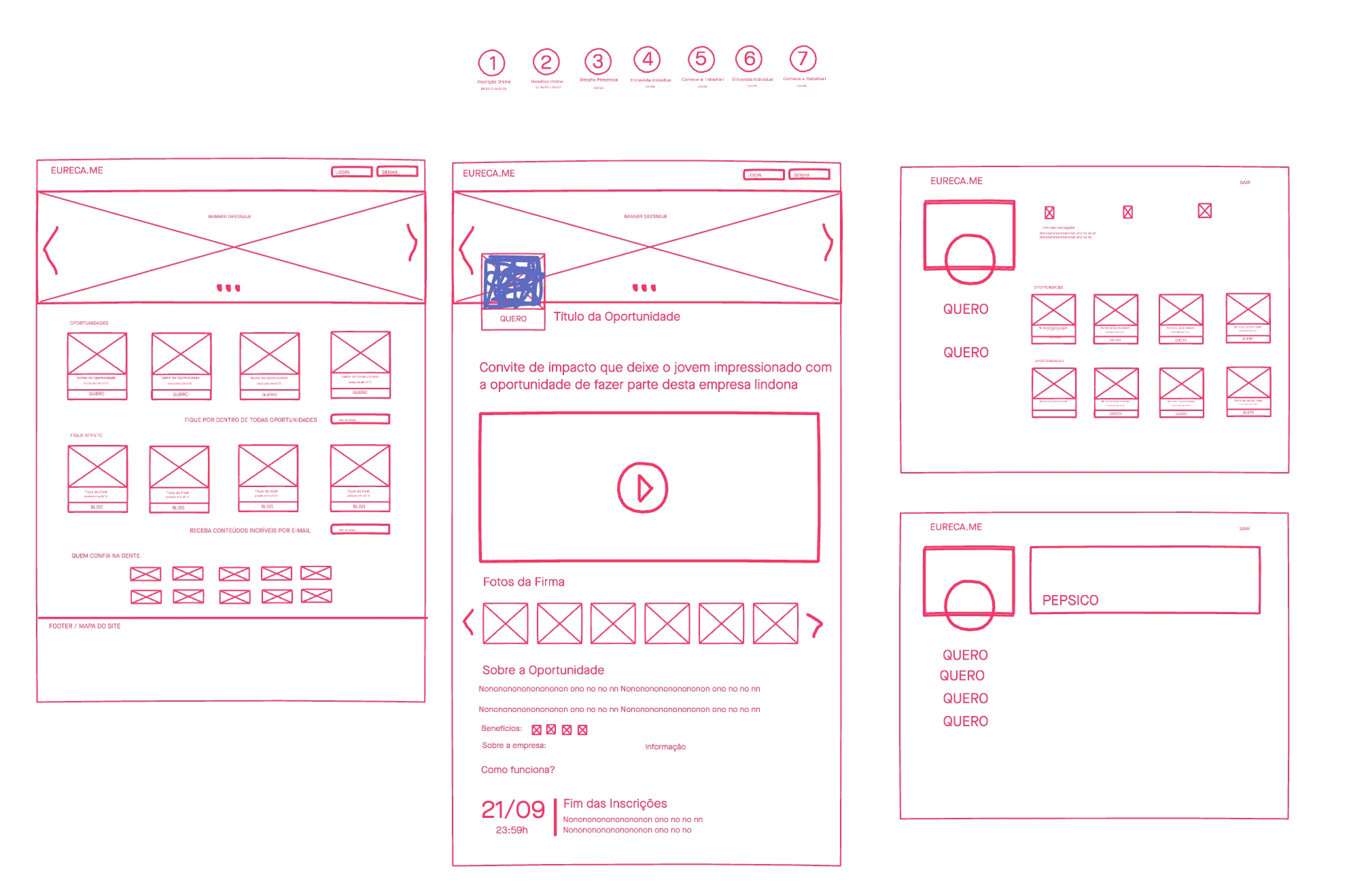 Eureca wireframes — 7-stage recruitment progression mapped at the top, with Home and Opportunity page layouts below showing the structural decisions made before visual design