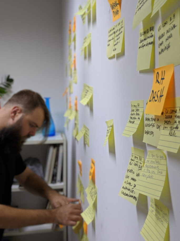 Affinity mapping session — yellow sticky notes organised on a wall during the design sprint