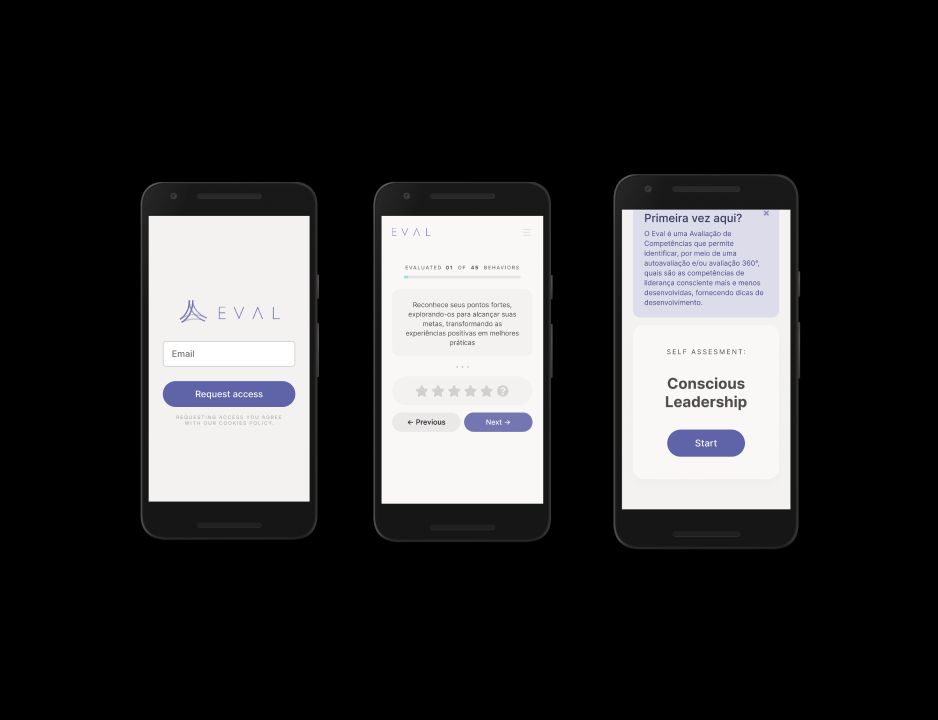 EVAL platform — three mobile screens showing login, assessment, and self-assessment start