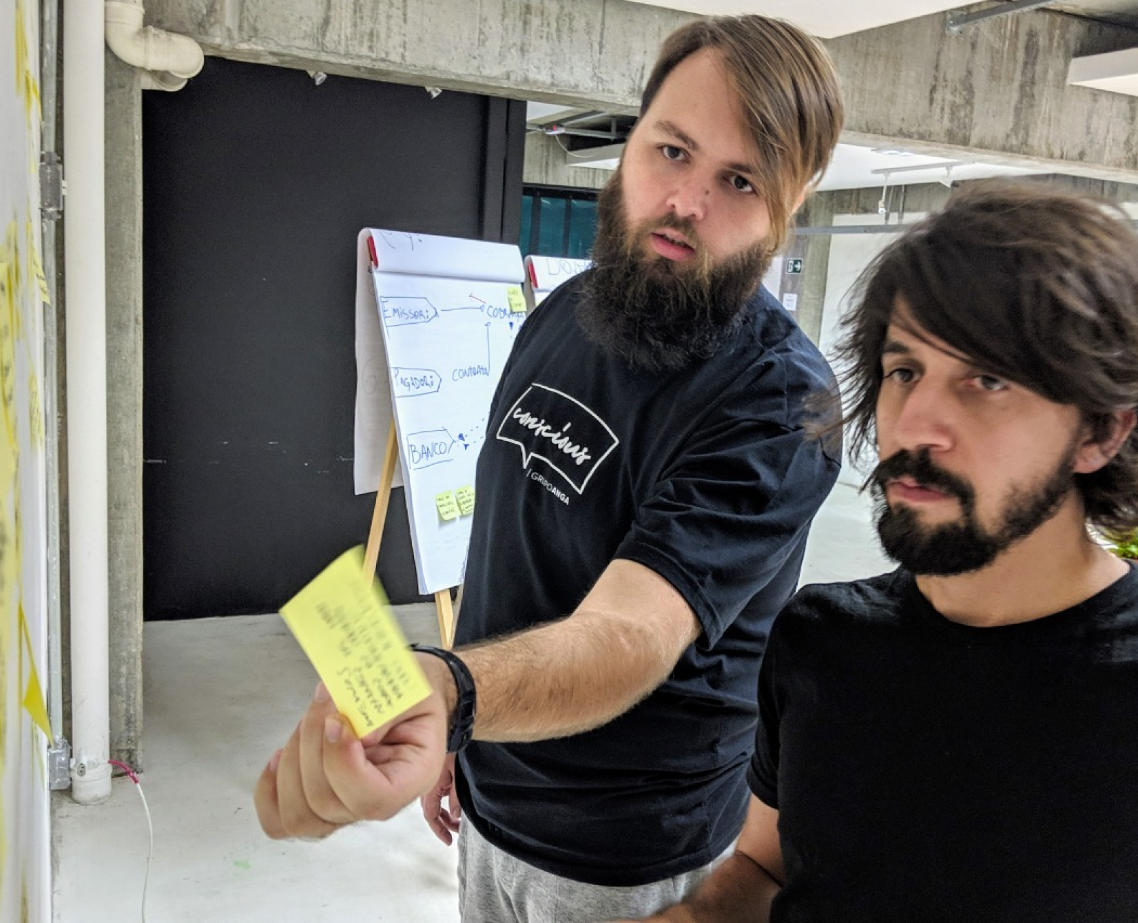 Design sprint session — sticky notes and flow mapping on whiteboard