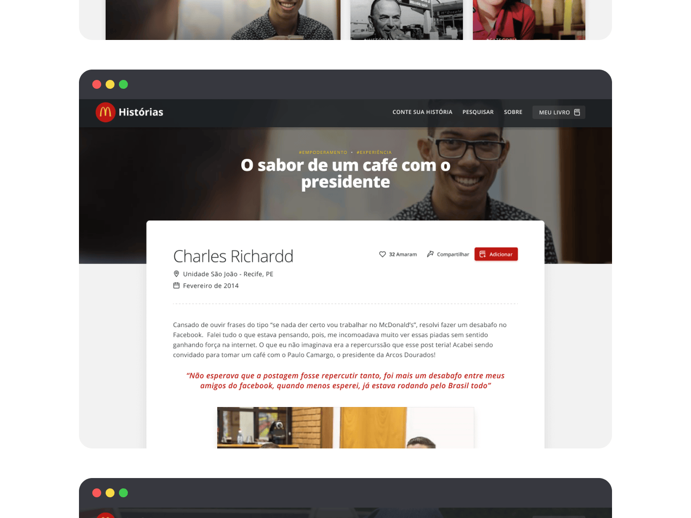 McHistórias — published story page showing employee narrative 'O sabor de um café com o presidente'