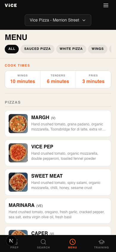 Menu — pizzas, wings, cook times