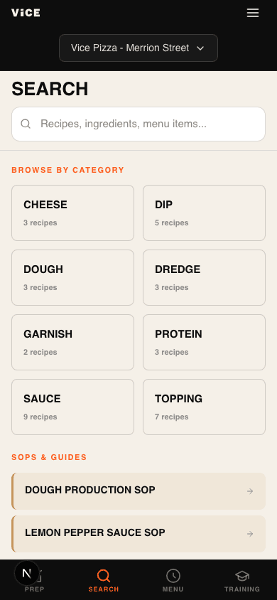 Search — browse by ingredient or recipe category