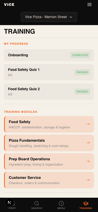 Training modules and progress