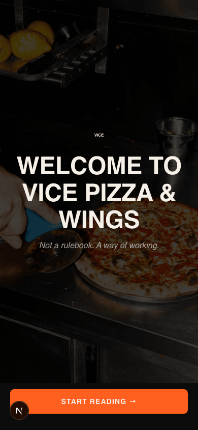 Vice Kitchen — welcome screen with kitchen background
